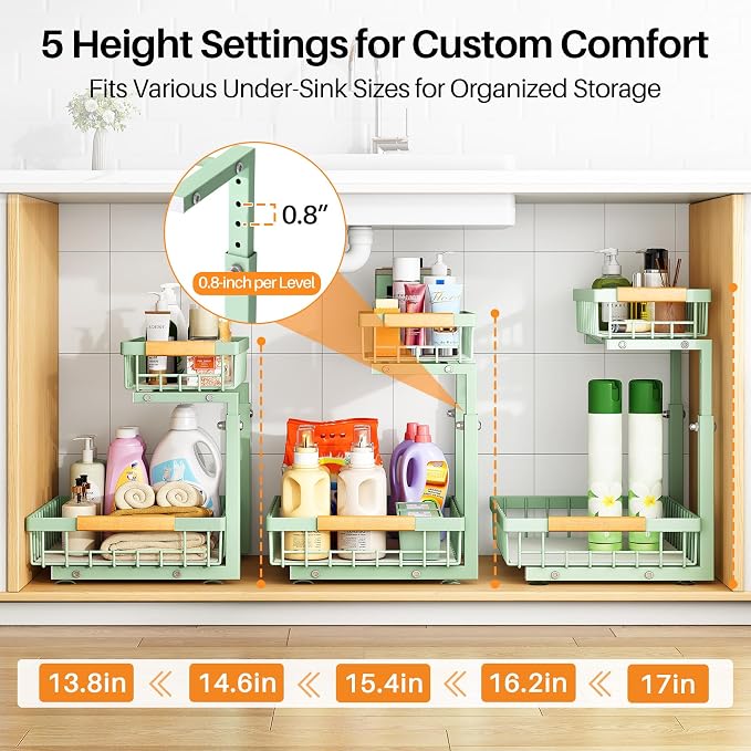 PXRACK Under Sink Organizer, Adjustable Height, 2 Tier Pull Out Under Cabinet Organizer, Slide Out Thickened Metal Under Sink Storage for Kitchen Bathroom Laundry Pantry Cabinet, Green, Large-1-Pack