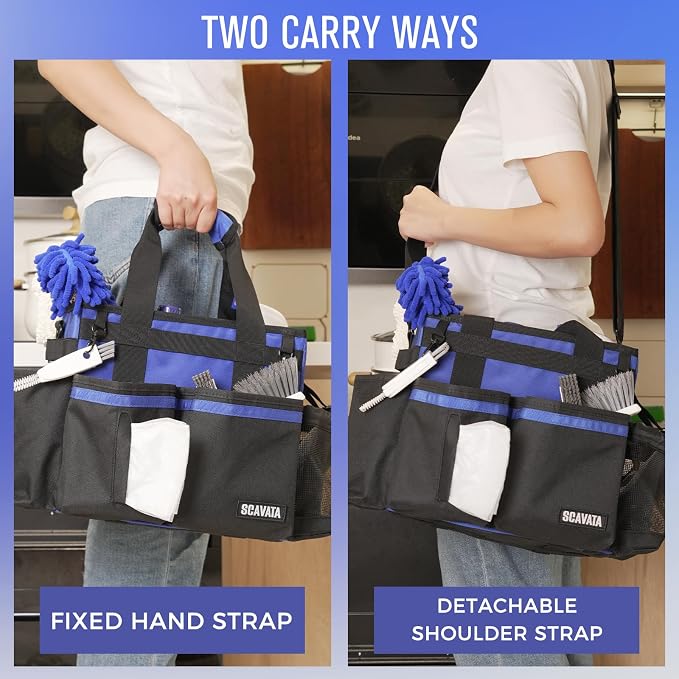 SCAVATA Compact Wearable Cleaning Caddy with Handle & Shoulder Straps | Small Cleaning Supplies Organizer, Under Sink & Car Cleaning Tools Storage Bag for Housekeepers Cleaners, Blue