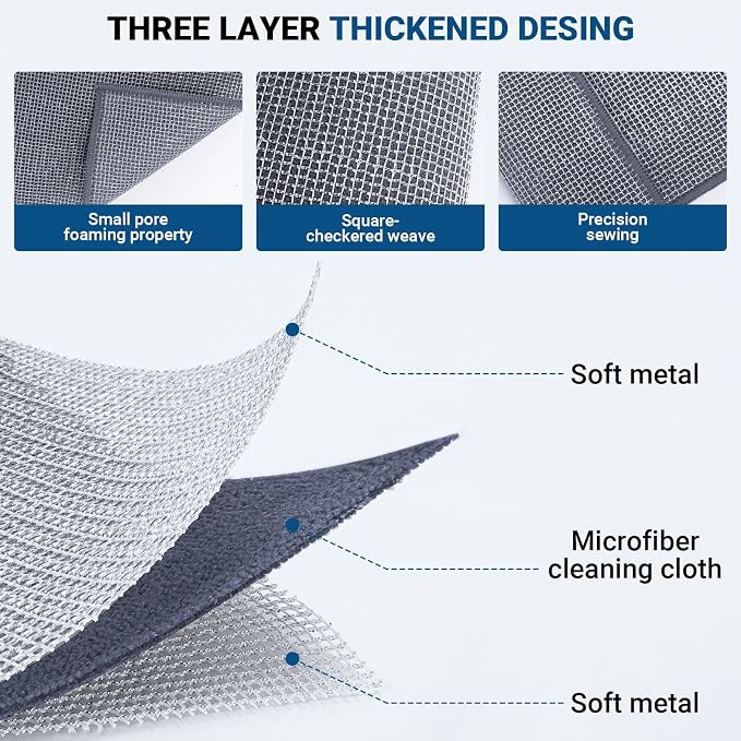 Forggon 10 Pcs New Upgrade 3-Layer Non Scratch Wire Dishcloth,Wire Dishwashing Rag, Non-Scratch Wire Dishwashing Rags for Wet and Dry, Kitchen Cleaning Dish Rags for Cookware,Sinks, Dishes, Stove
