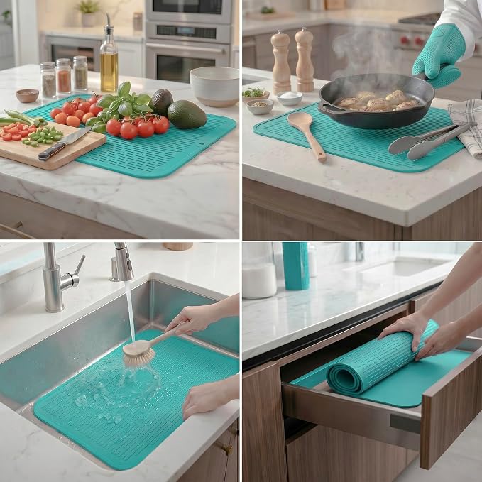 MicoYang Silicone Dish Drying Mat for Multiple Usage,Easy clean,Eco-friendly,Heat-resistant Silicone Mat for Kitchen Counter or Sink,Refrigerator or Drawer Liner Mint 2XL 24 inches x 18 inches