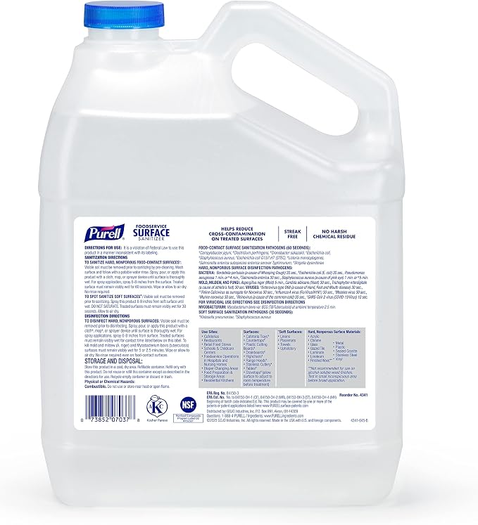 PURELL Foodservice Surface Sanitizer, Fragrance Free, 1 Gallon Surface Sanitizer Pour Bottle Refill (Pack of 4) - 4341-04