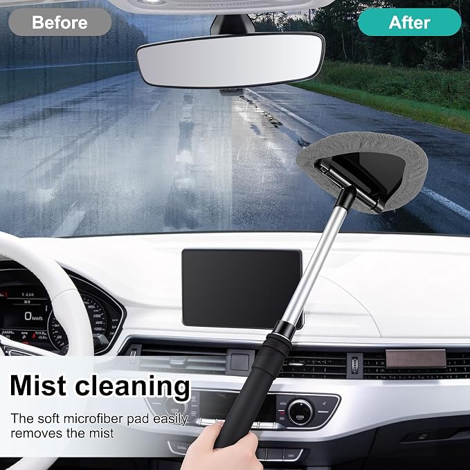 JUSTTOP Windshield Cleaner Tool, Car Interior and Exterior Window Cleaning Kit with Extendable Handle & 4 Reusable Microfiber Pads, Auto Glass Wiper Brush Kit for Car & Home Windows (Grey)