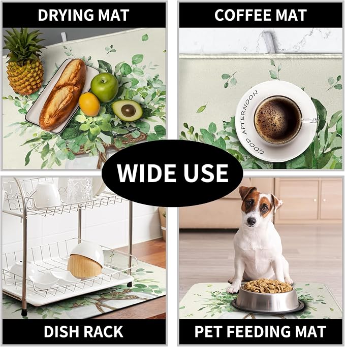 Spring Sage Green Leaves Dish Drying Mat for Kitchen Counter Eucalyptus Leaf Floral Mason Jar Dishes Drainer Mats Absorbent Microfiber Dish Draining Mat Reversible Dish Pad 16x18 Inch