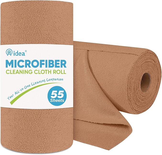 AIDEA Microfiber Cleaning Cloth Roll-55 Sheets, Cleaning Rags 11×9" Brown | Reusable Paper Towels, Microfiber Towels for Cars, Cleaning Towels for Automotive, Workshop, House,Kitchen, Cleaning Supplies