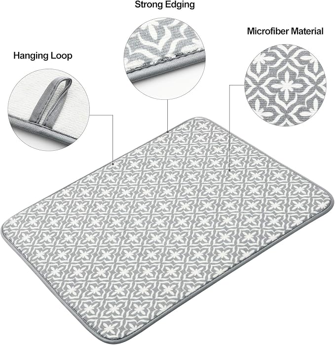 SUBEKYU Dish Drying Mats for Kitchen Counter, Microfiber Absorbent Dish Drainer/Rack Pads for Sink, 19.5*15.8 inch, Set of 2, Grey, leaf