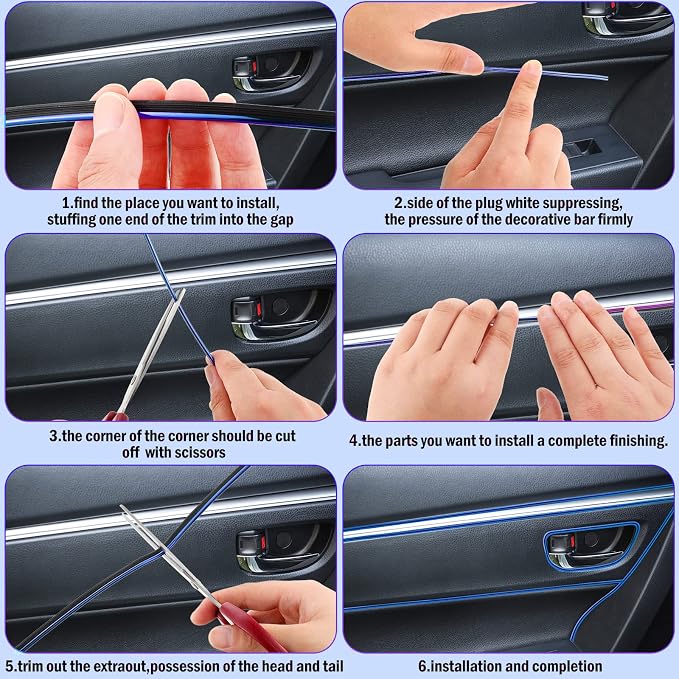 32 Feet Car Interior Moulding Trim Strips Universal Car Decoration Pinstriping Filler Insert Strips Dashboard Decorative DIY Flexible Garnish with Installing Tool(Simple Style,Blue)
