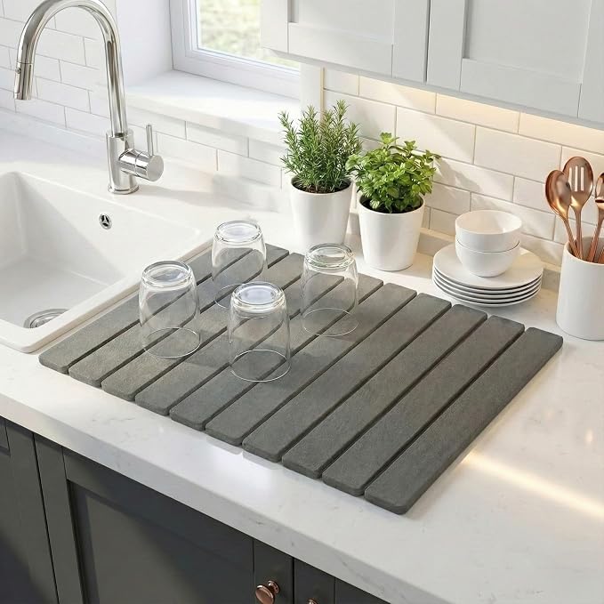 Stone Dish Drying Mat for Kitchen Counter – Large 24"×16" Instant-Dry Diatomaceous Earth Drying Mat, Foldable Quick-Dry Dish Drying Pad, Easy-Clean Kitchen Mat
