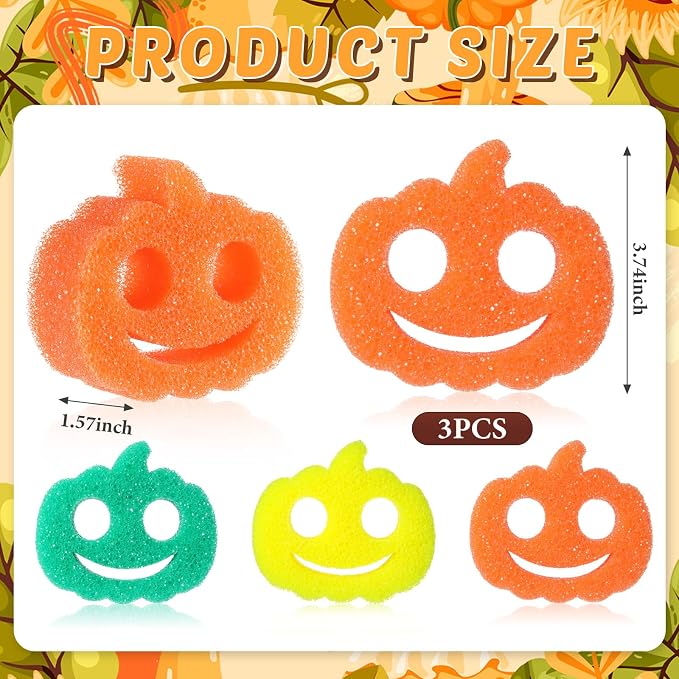 FillTouch 3 Pcs Dual Sided Scrub Sponge Multi Functional Cute Temperature Sensitive Non Scratch Dish Sponge for Washing Dishes Kitchen Bathroom (Thanksgiving Pumpkin,Orange, Yellow, Green)