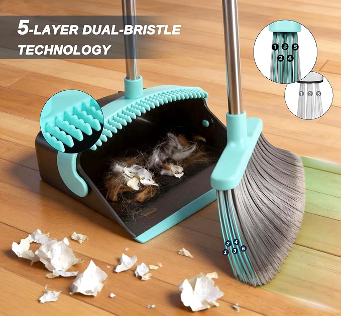 Broom with Dustpan Combo Set,Pet Hair Rubber Broom with Carpet Rake and Squeegee,Long Handle Broom with Upright Standing Dustpan for Indoor Cleaning (Black)