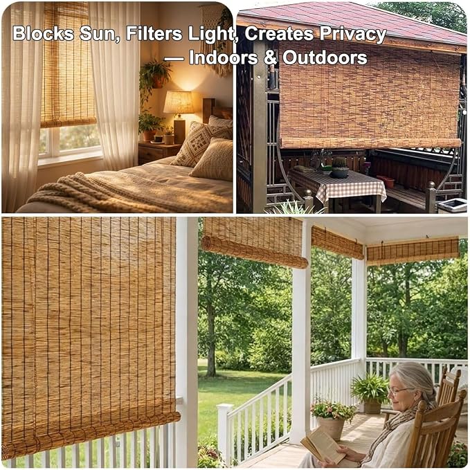 Retro Bamboo Blinds for Patio, Privacy Bamboo Roll Up Shades for Windows, 16"-80" W Reed & Bamboo Blackout Roller Shades, Cordless Outdoor Blinds for Porch, Sun Blocking(56" W x 64" H)
