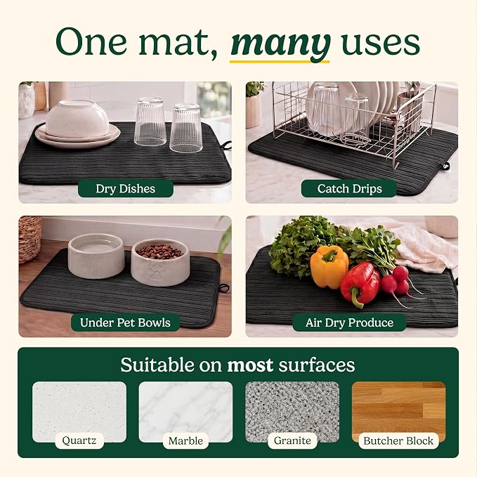 Cuisinart Dish Drying Mat for Kitchen Counter - 2-Pack XL 18x24 Ultra Absorbent Microfiber Dish Mat - Fast Drying, Machine Washable, Foldable Countertop Pad - Safe for Granite & Quartz