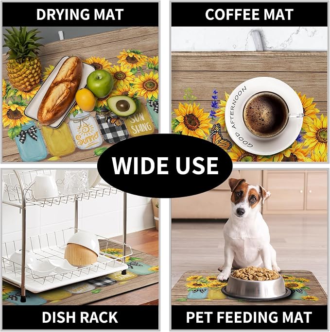 Sunflower Dish Drying Mat for Kitchen 16x18 Inch Counter Rustic Vintage Floral Vases Wood Grain Drying Mats Microfiber Absorbent Dishes Drying Pad Spring Summer Flowers Dish Drainer Rack Mat