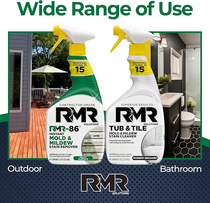 RMR Complete Mold & Mildew Stain Eraser System – No-Scrub Tub & Tile Cleaner + Instant Mold & Mildew Stain Remover Spray, Indoor/Outdoor Bathroom, Shower, Siding, & Deck Cleaning Kit, 2–32 Oz Bottles