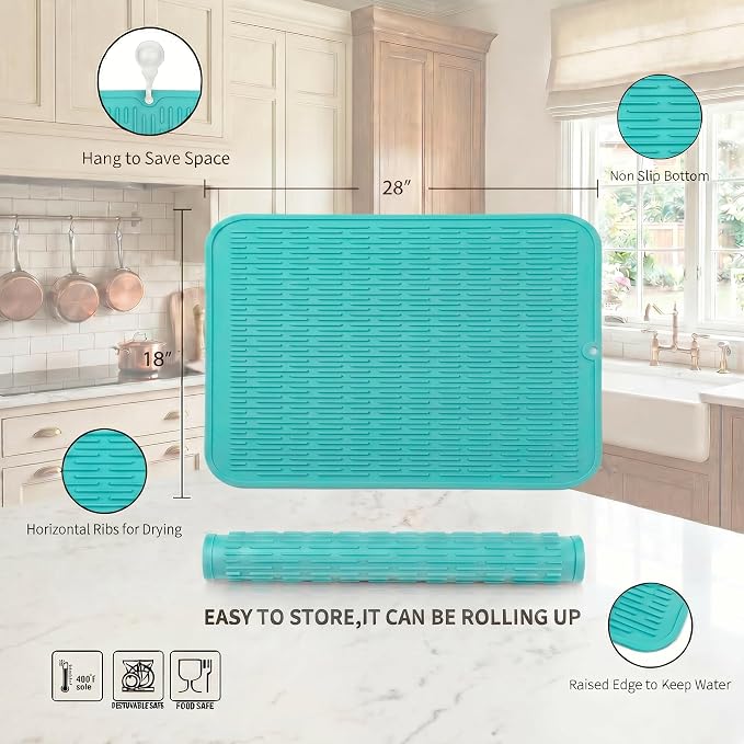 MicoYang Silicone Dish Drying Mat for Multiple Usage,Easy clean,Eco-friendly,Heat-resistant Silicone Mat for Kitchen Counter or Sink,Refrigerator or Drawer Liner Mint 3XL 28 inches x 18 inches