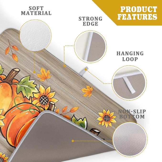 Fall Dish Drying Mat for Kitchen Counter Golden Pumpkin Microfiber Absorbent Dish Draining Reusable Washable Foldable Extra Large 18"x24"