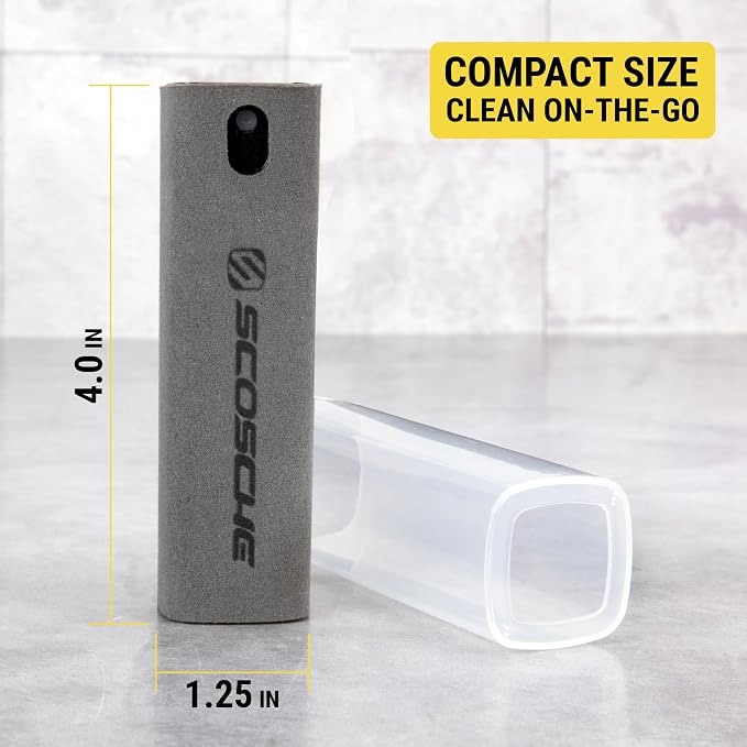Scosche 2-in-1 Electronic Cleaner Spray with Microfiber Cloth for Electronics, Streak-Free Cleaning for TV, Computer, Phone, iPhone, Laptop, MacBook, Car Screen, 20ml Small Spray Bottles 2 Pack, Gray