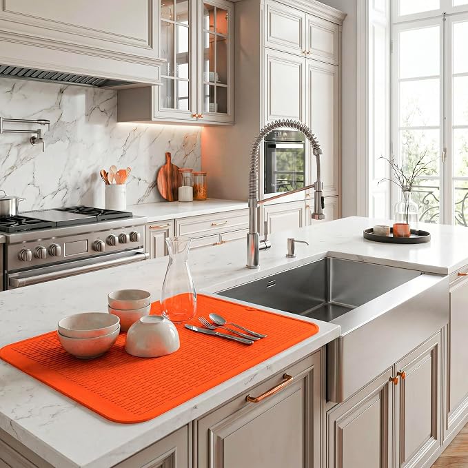 MicoYang Silicone Dish Drying Mat for Multiple Usage,Easy clean,Eco-friendly,Heat-resistant Silicone Mat for Kitchen Counter or Sink,Refrigerator or Drawer Liner Orange 3XL 28 inches x 18 inches