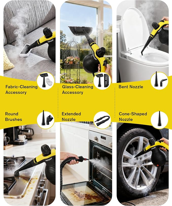 Handheld Steam Cleaner, 221°F Steamer with 10 Accessories & Safety Lock