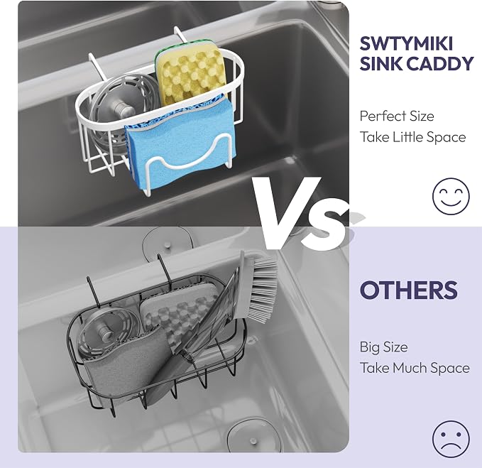 SWTYMIKI Sponge Holder for Kitchen Sink - Movable Kitchen Sink Caddy with M Shape Hook, Stainless Steel Hanging Sponge Caddy for Dish Sponge, Brush, Stopper Organizer in Double Bowl Sink, White