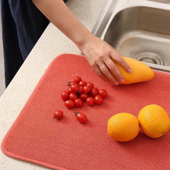 2 Pack Microfiber Dish Drying Mat for Kitchen Counter,Ultra Absorbent Dish Drainer Mat ,Dish Drying Pad , Dish Rack Mat 20×15 Inch (Red)