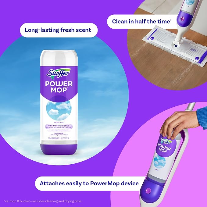 Swiffer PowerMop Liquid Floor Cleaner Refills, Solution for Power Mop, Fresh Scent, 2 Count Mopping Fluid Replacement Bottle, Spray Mops Cleaning Juice, No Bucket Needed, Multi-Surface and Wood