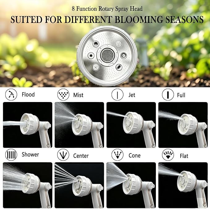 Garden Hose Nozzle Heavy Duty Metal Water Hose Sprayer | Heavy Duty Metal Spray Nozzle With Thumb Control. Japanese-style Design & 8 Spray Patterns For Different Blooming Seasons