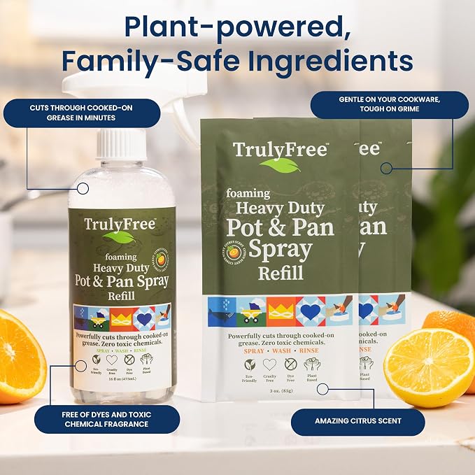 Truly Free Heavy Duty Pot & Pan Spray | Non Toxic Powerful Grease Remover, Multi-Purpose Kitchen Oven Cleaner Spray Degreaser for Stove Top, Grill Citrus Scent | 16 oz Empty Bottle + Two (3 oz) Fills