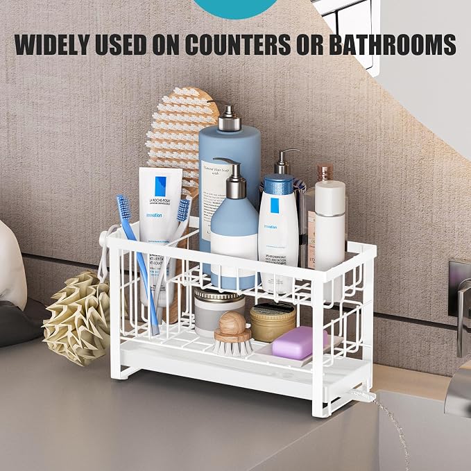 Sponge Holder for Kitchen Sink with Flexible Smiley Face, 2 Tier Kitchen Sink Organizer, Countertop and Storage Essentials, Soap Dispenser Organizer, Home Decor Accessories - White