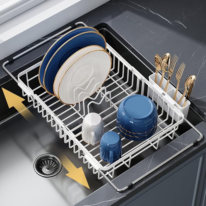 JASIWAY Expandable Stainless Steel White Dish Drying Rack Over The Sink for Small Kitchen, Counter Space Saving Compact Plate Drainer Strainer, Adjustable Hanging Metal Dish Dryer with Utensil Holder