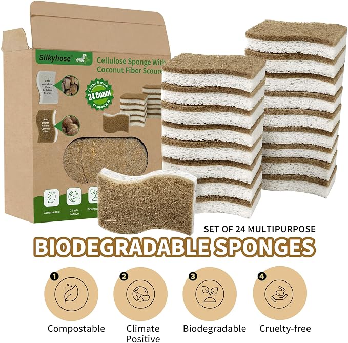Natural Kitchen Sponges, Biodegradable & Compostable | Non-Scratch Cellulose Coconut Fiber Sponges for Dishes, Pots & Pans | Eco-Friendly Cleaning Sponge (24)