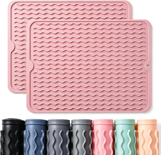 2 Pack Caketime Silicone Dish Drying Mat for Kitchen Counter Cooking Baking Liners Drawer Storage Refrigerator Espresso Machine Station Utensil Holder Washer Trivets Oven Tools 15"x11.5" Pink