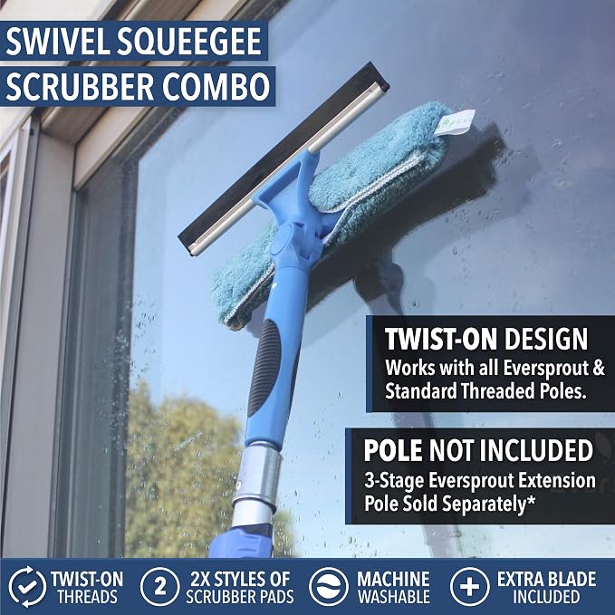 EVERSPROUT Swivel Squeegee & Microfiber Window Scrubber, Attachment Only | 2-in-1 Window & Glass Cleaning Combo, Fits Any Standard Pole, Swivels to 7 Angles, 10-inch Blade, Machine Washable, Non-Slip