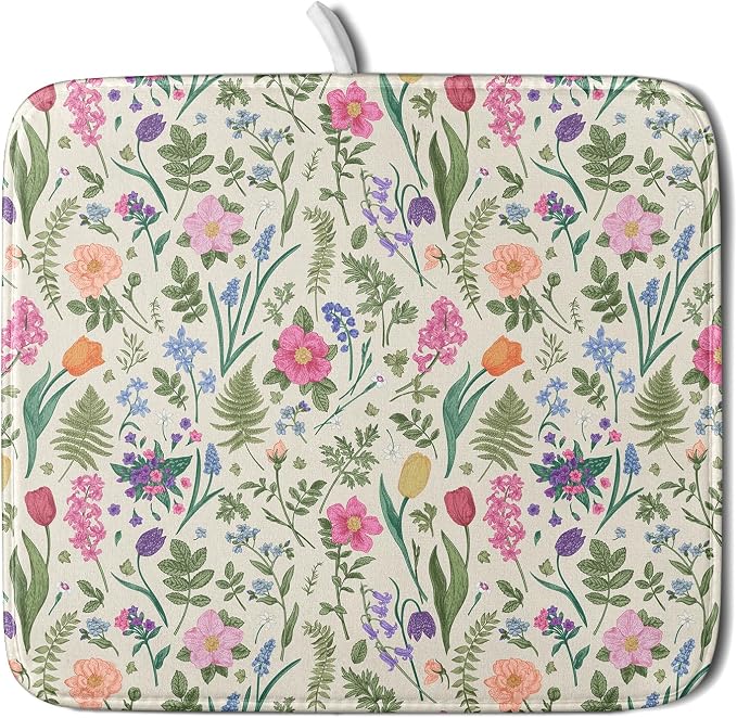 Spring Floral Dish Drying Mat for Kitchen Counter 16x18 Pink Sage Green Flower Vintage Botanical Print Absorbent Reversible Microfiber Drying Mats Kitchen Countertop Protector Dishes Drainer Rack Pad