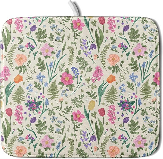 Spring Floral Dish Drying Mat for Kitchen Counter 16x18 Pink Sage Green Flower Vintage Botanical Print Absorbent Reversible Microfiber Drying Mats Kitchen Countertop Protector Dishes Drainer Rack Pad