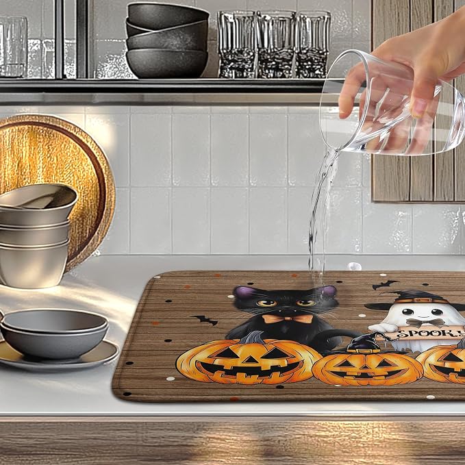 Halloween Spooky Pumpkin Dish Drying Mats Ghost Dish Mat Kitchen Cat Large Drying Matt Dishes Dryer Pad for Kitchen Counter Absorbent Microfiber Washable Foldable Reusable 18x24 in