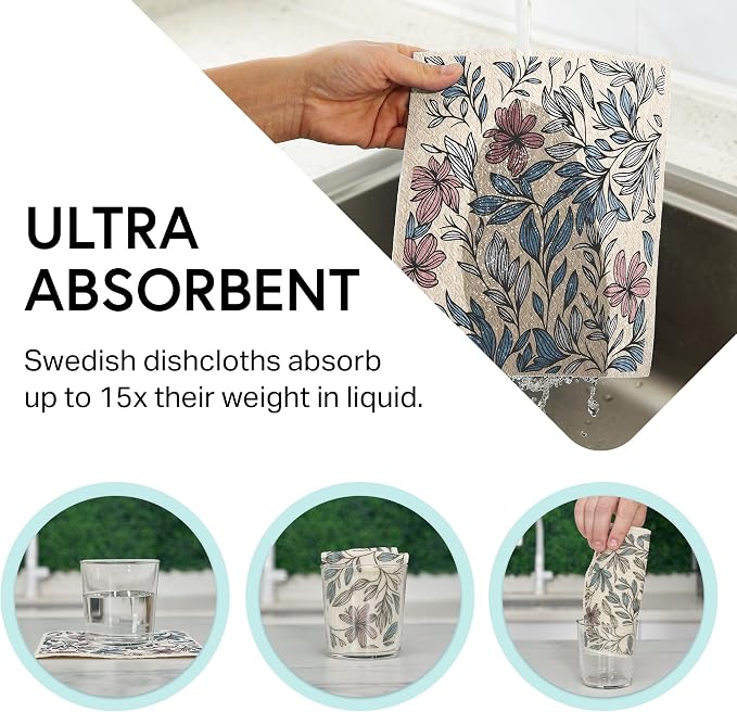 Swedish Wholesale Dishcloths Reusable 8" x 7" Sponge Cloths, Bulk 10 Pack of High Absorbent Cellulose Dish & Kitchen Cleaning Hand Towels, Wring to Dry & Machine Wash, Odor Resistant, Mini Flower
