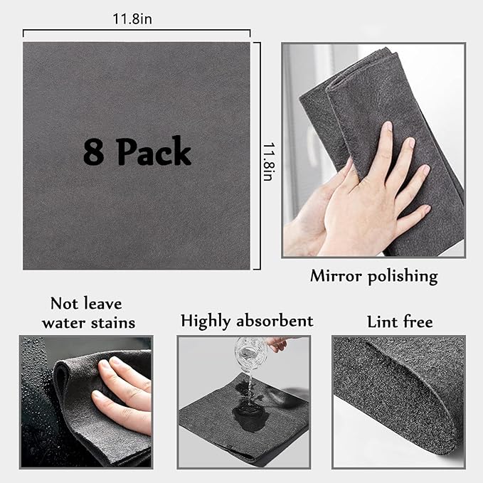 XANGNIER Thickened Magic Cleaning Cloth,8 Pcs Lint Free Cloth,Reusable Microfiber Cleaning Rag for Windows,Mirror,Glass,Car,Gray