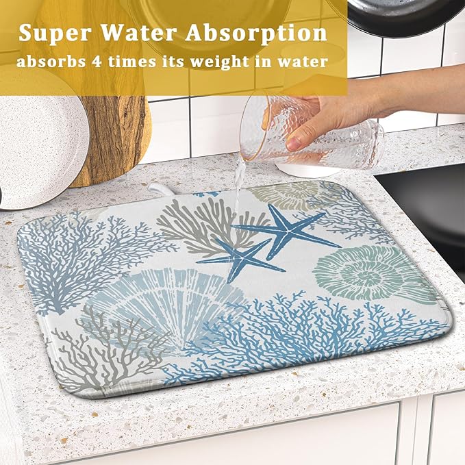 Nautical Dish Drying Mat for Kitchen Counter Coastal Seashell Starfish Summer Microfiber Absorbent Dish Draining Reusable Washable Foldable 16"x18"