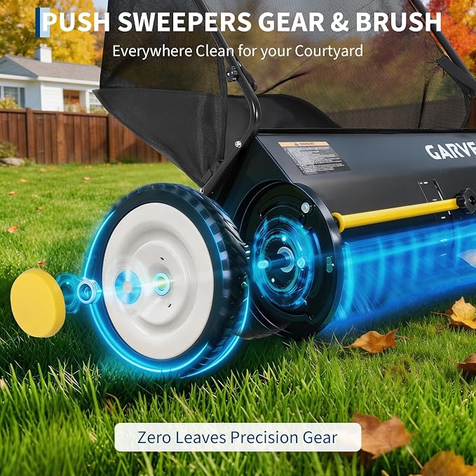 Garvee 26 in Heavy-Duty Push Lawn Sweeper - 4 Spinning Brushes, 7Ft³ Large Capacity Collection Bag, Adjustable Height for Grass, Leaves & Debris On All Terrains, Black