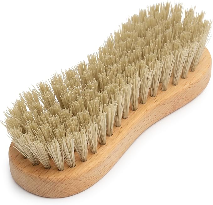 KONEX Medium-Stiffness Nylon Fiber Scrub Brush - Heavy Duty Cleaning Brush, Wooden Handle, Brown, Ideal for Hardwood Floor, Outdoor Surfaces, Carpet