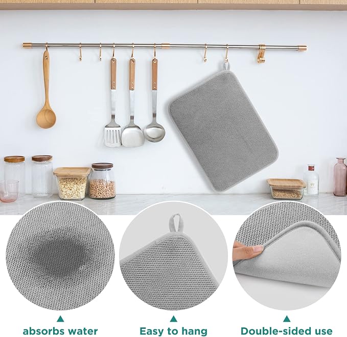 GeeRic Microfiber Dish Drying Mat, Super Absorbent Kitchen Dish Drying Pad, Reversible Gift Mats for Countertop, 12 * 16 inch Gray