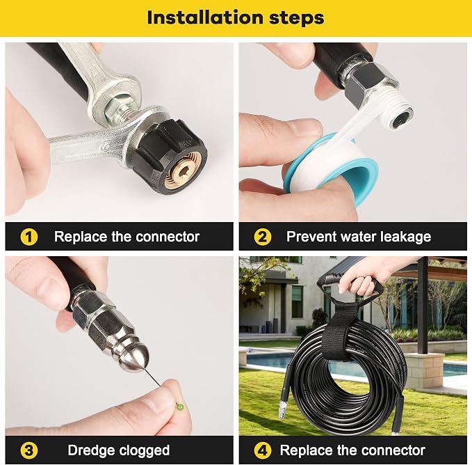 Sewer Jetter Kit for Pressure Washer 100ft 1/4 Inch NPT | Pressure Washer Drain Jetter 5800PSI Hose, 4 Different Rotating Nozzles, Adapter, Clears Clogs in Pipes & Sewer Lines