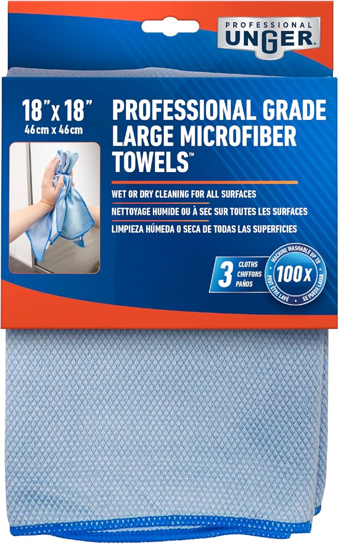 UNGER Professional 18” x 18” Large Professional-Grade Microfiber Cloth Towels, Multi-Purpose Wet and Dry Cleaning Cloths for Kitchen, Bath, Auto, Appliances, Car Supplies (Pack of 30)