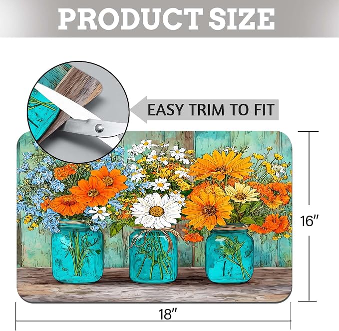 MCALK Floral Vases Dish Drying Mat for Kitchen Counter, Fall Wooden Dish Drying Pad with Anti-Slip Rubber Base, Absorbent Kitchen Sink Mat with Farmhouse Decor (1 pc 18" x 16")
