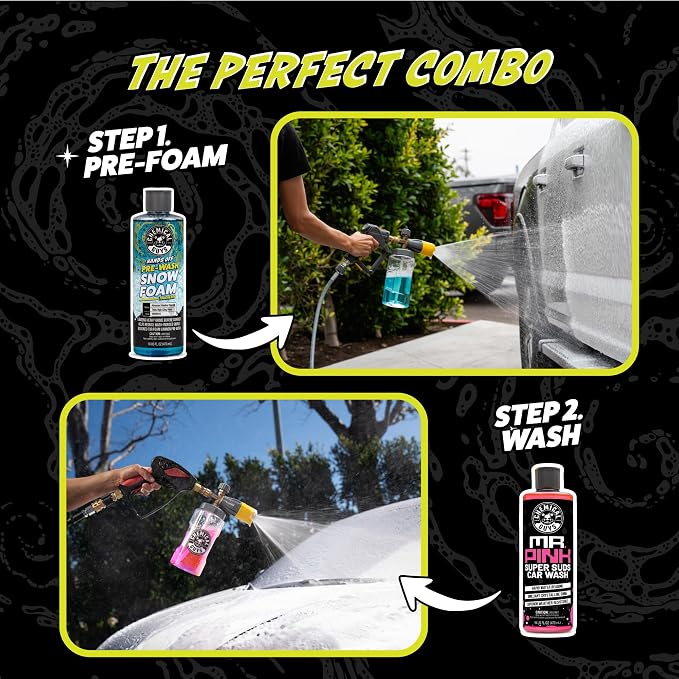 Chemical Guys, Hands Off Touchless Pre-Wash & Mr. Pink Car Wash Soap Kit | Touchless pre-soak lifts dirt and road film, paired with Mr. Pink foaming soap for a safe two-step wash, 16 oz each