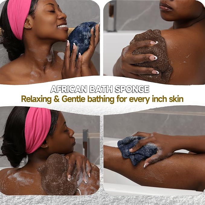 SubSahara Authentic African Net Sponge - 2 Pieces Exfoliating Scrubber for All Skin Types, Bath Sponge for Face & Body, Travel Portable, Durable, Gentle Exfoliation (Navy Blue & Brown)