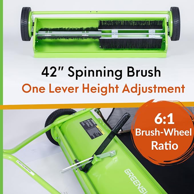 GreenSweep Pickup Tow 42-Inch Lawn Sweeper – Tow-Behind Leaf Collector for Ride-On Mowers – Adjustable Brush Height – Large Grass Catcher Hopper – Garden Debris Sweeper Attachment