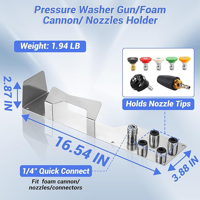 FIXFANS Pressure Washer Gun Holder, Wall Mounted Foam Cannon Tool Organizer | Power Washer Snow Foam Lance Tool Organizer, Nozzle Tips and Car Wash Accessories Kit Storage Rack, 1/4" Quick Connect
