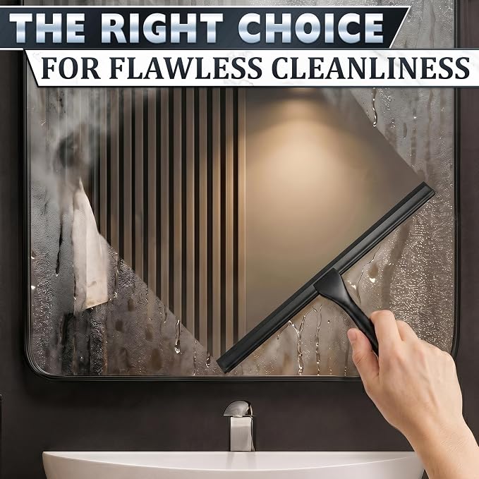 Black Squeegee for Shower Glass, 14" Silicone Blade, Stainless Steel | Shower Door Squeegee with Hook, Adhesive Mount; All-Purpose Bathroom Tile, Mirror, & Window Wiper for Streak-Free Cleaning