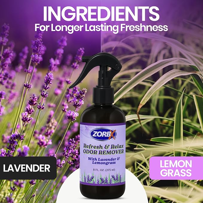 ZORBX Refresh & Relax Lavender Lemongrass Odor Remover Spray 8 Oz, 2-Pack | Natural Room Deodorizer for Medical Rooms, Closet, Home, Bathroom, Furniture, Carpet, Car, Gym & Laundry, Permanent Solution